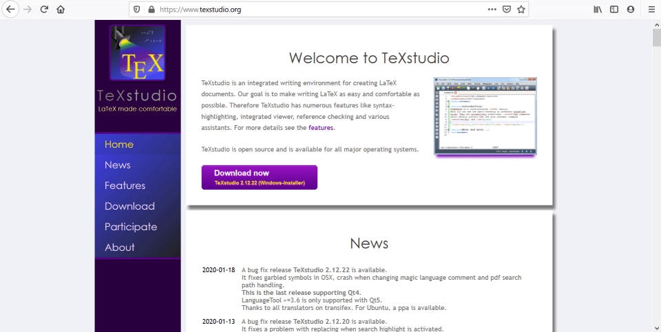 TeXstudioのホームページのスクリーンショット