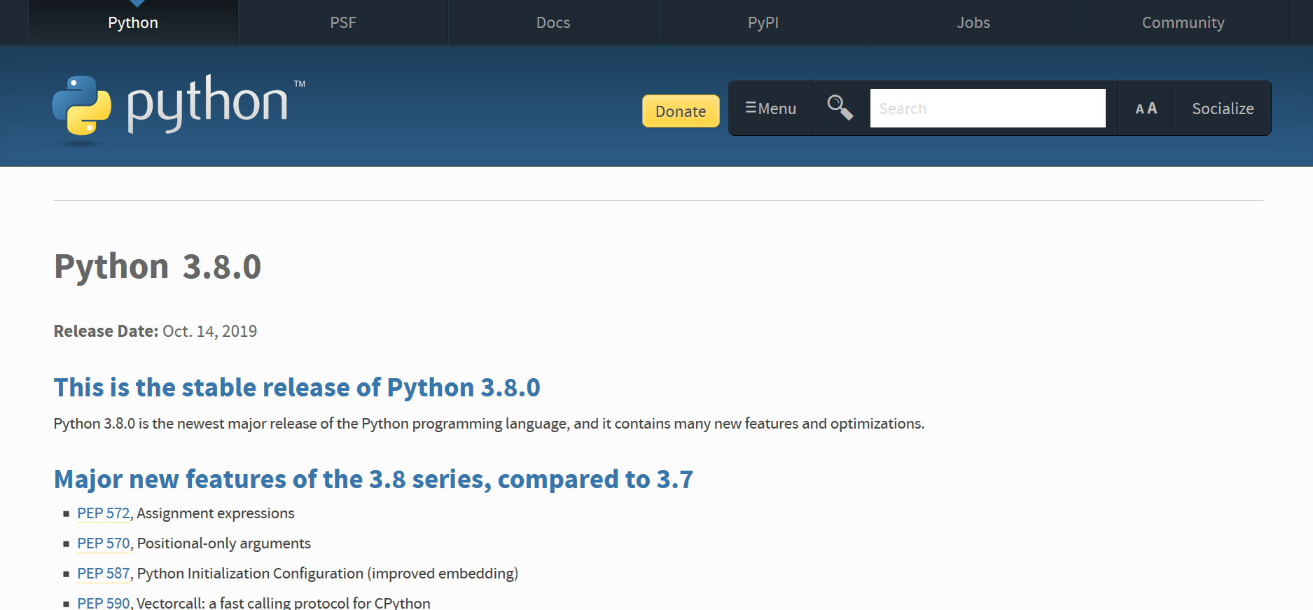 Python3.8インストーラダウンロードページのスクリーンショット