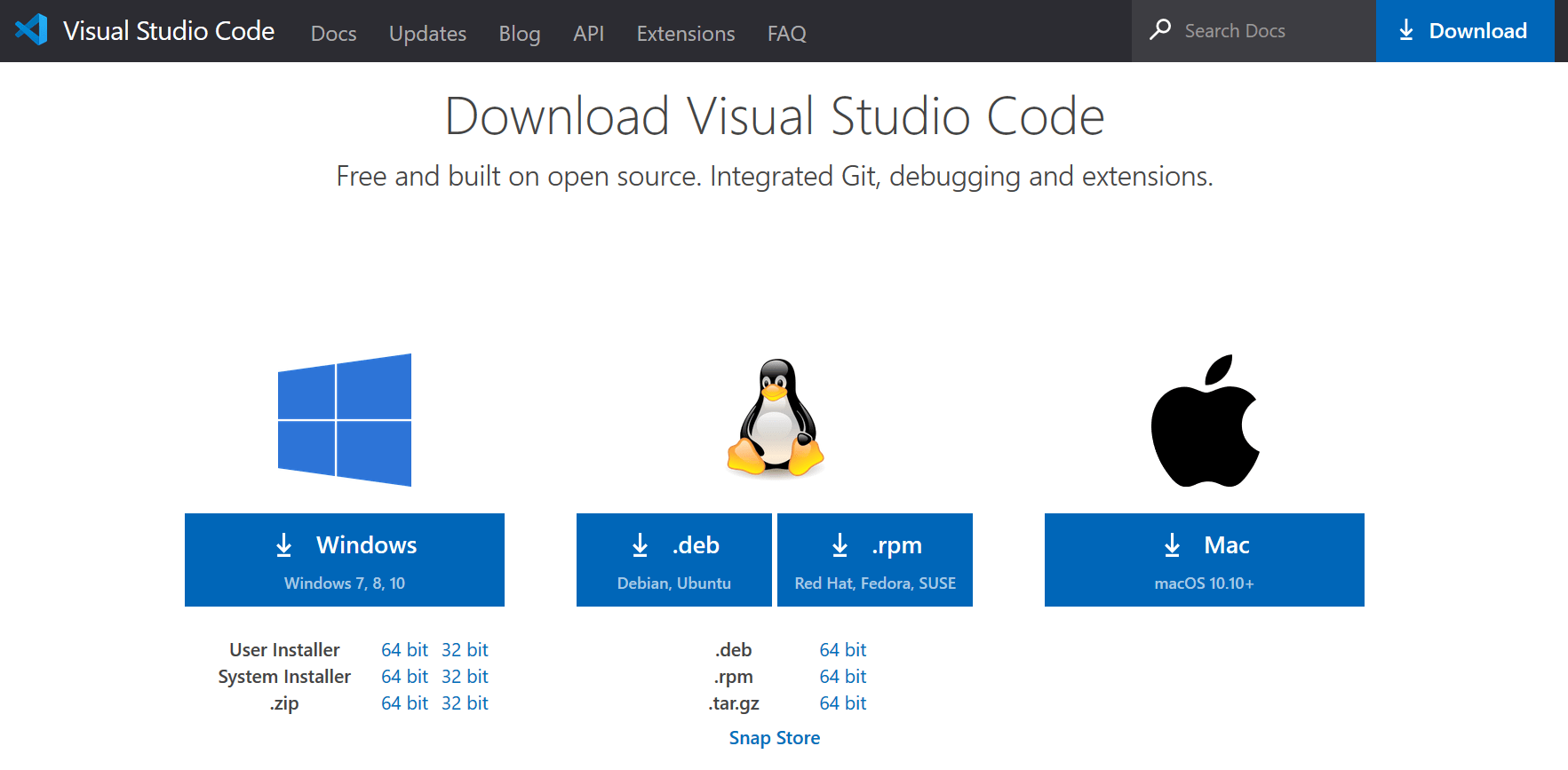 VSCodeのインストーラをダウンロードするページのスクリーンショット